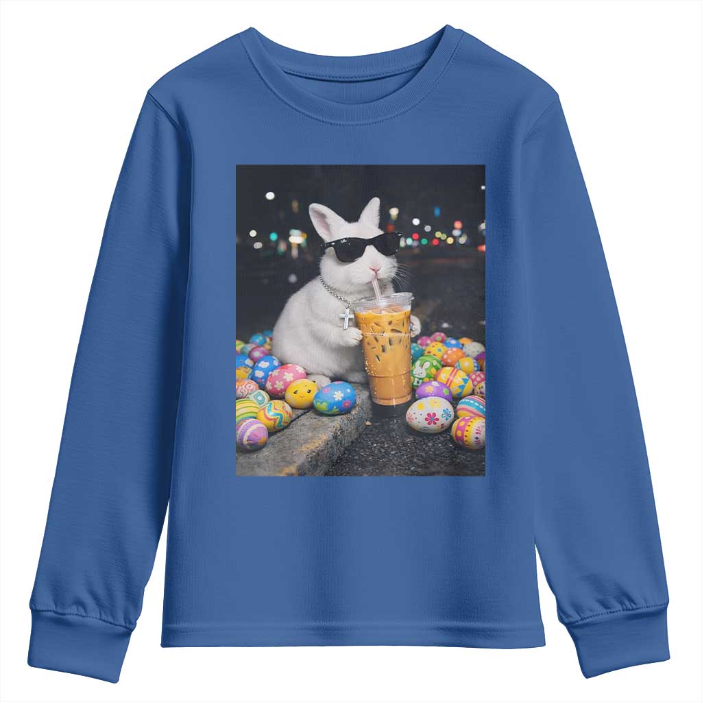 Cool Easter Bunny Drinking Iced Coffee Graphic Youth Sweatshirt Funny Sunglasses Rabbit Spring Aesthetic TS02 Royal Blue Print Your Wear