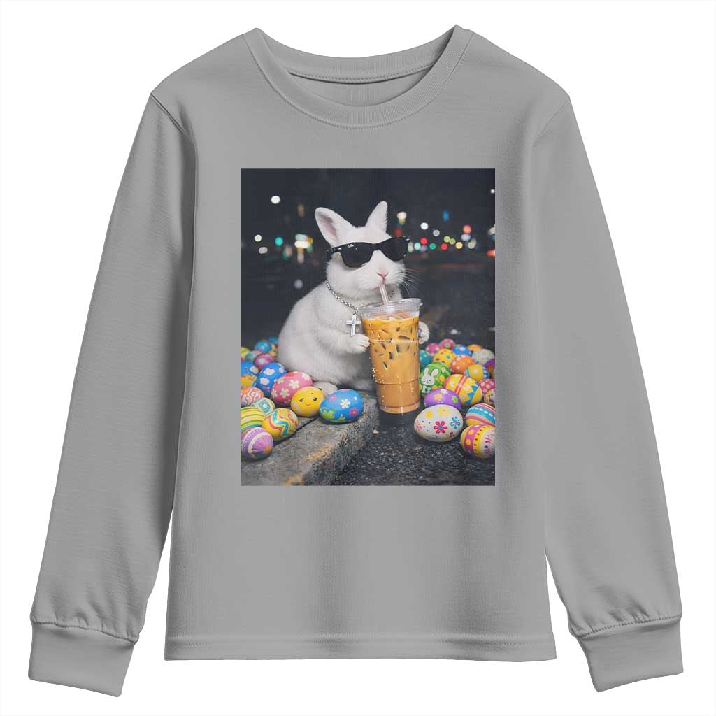 Cool Easter Bunny Drinking Iced Coffee Graphic Youth Sweatshirt Funny Sunglasses Rabbit Spring Aesthetic TS02 Sport Gray Print Your Wear