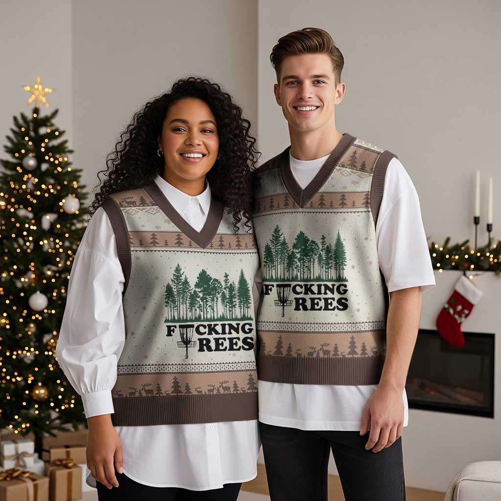Funny Forest Disc Golf Humor Fcking Trees V-Neck Knit Sweater Vest TS02 Mocha Mousse Print Your Wear