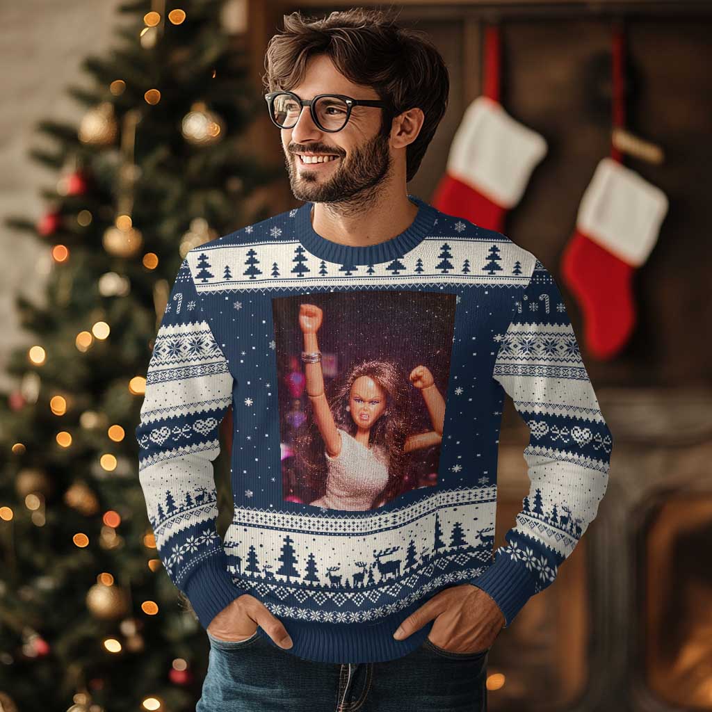 Funny Angry Doll Face Meme Graphic Ugly Christmas Sweater Unhinged Baby Stankface Reaction TS02 Navy Beige Print Your Wear