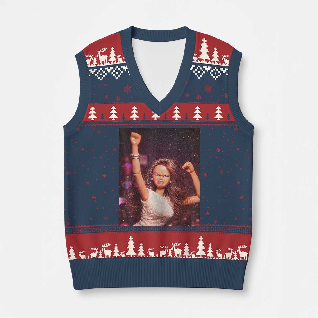 Funny Angry Doll Face Meme Graphic V-Neck Knit Sweater Vest Unhinged Baby Stankface Reaction TS02 Navy Red Print Your Wear