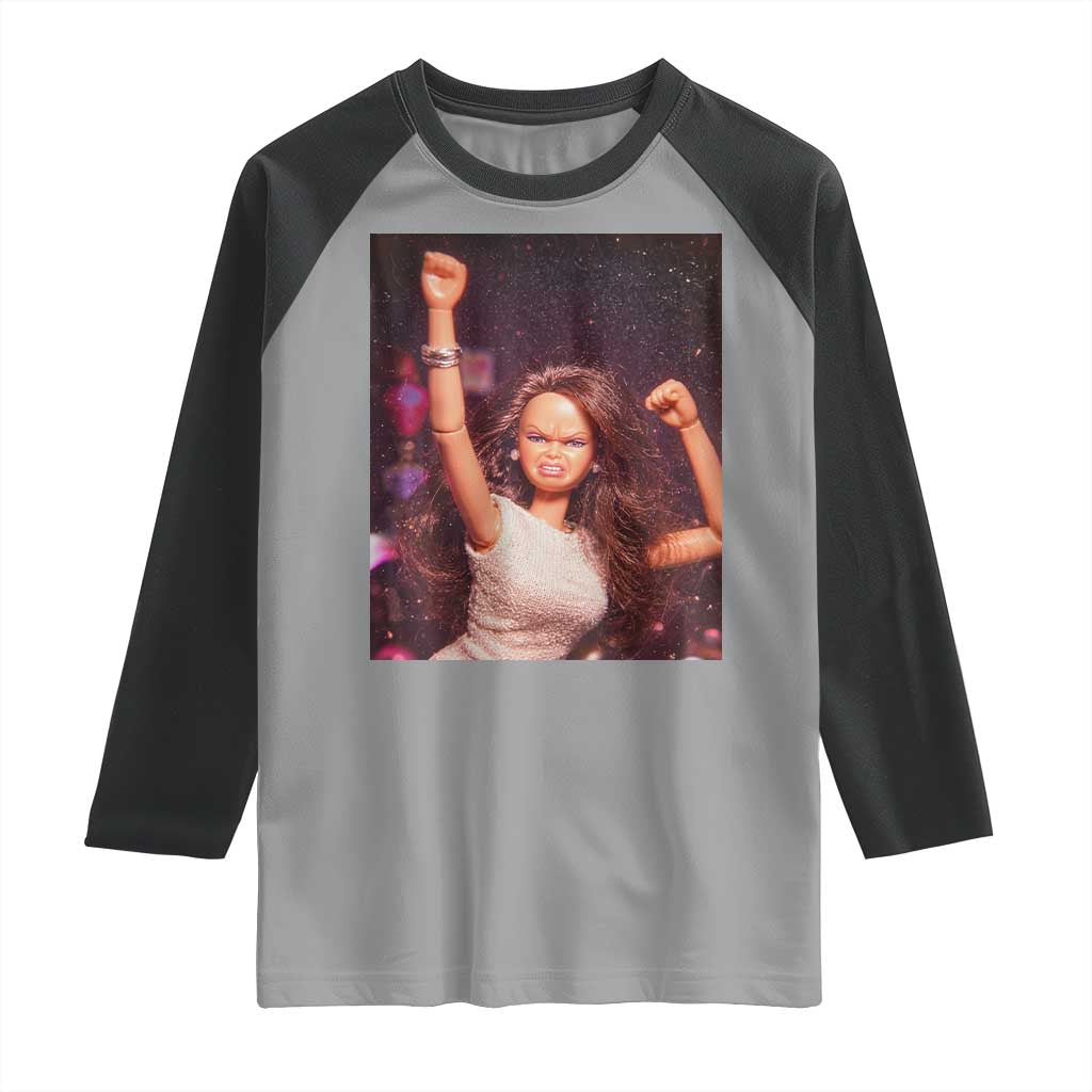 Funny Angry Doll Face Meme Graphic Raglan Shirt Unhinged Baby Stankface Reaction TS02 Sport Gray Black Print Your Wear