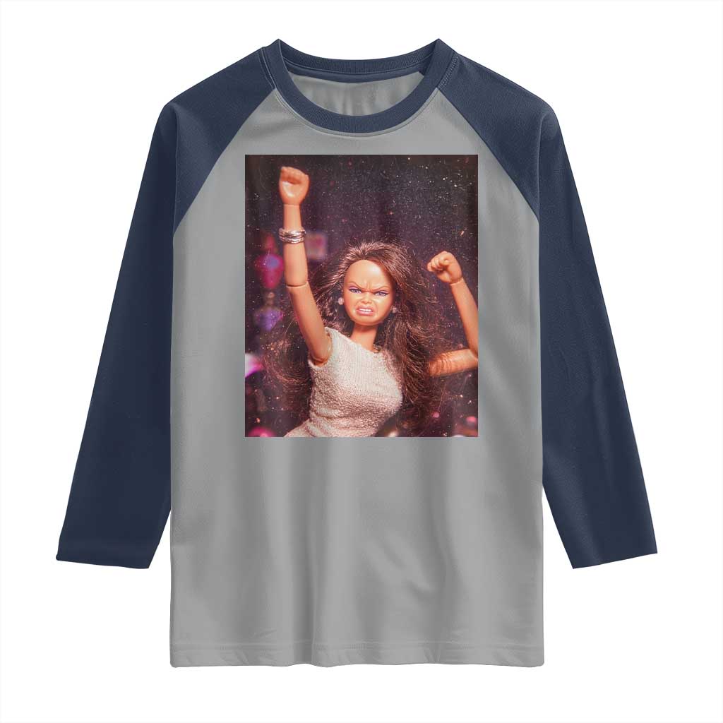 Funny Angry Doll Face Meme Graphic Raglan Shirt Unhinged Baby Stankface Reaction TS02 Sport Gray Navy Print Your Wear