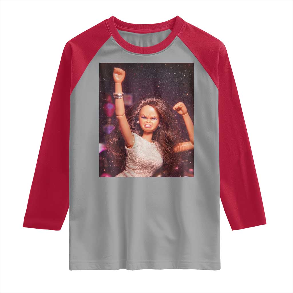 Funny Angry Doll Face Meme Graphic Raglan Shirt Unhinged Baby Stankface Reaction TS02 Sport Gray Red Print Your Wear