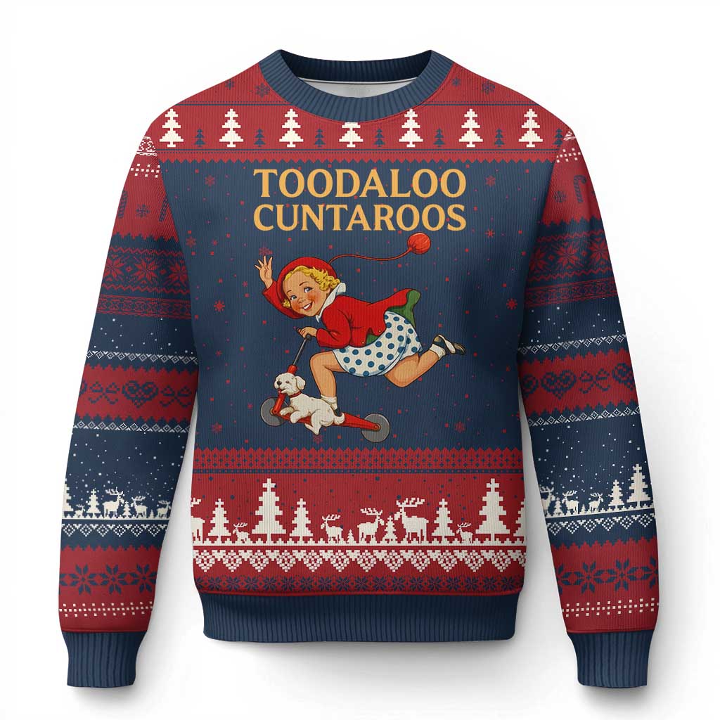 Toodaloo Cuntaroos Funny Offensive Retro Goodbye Ugly Christmas Sweater Vintage Scooter Girl Cartoon Edgy Adult Humor TS02 Navy Red Print Your Wear