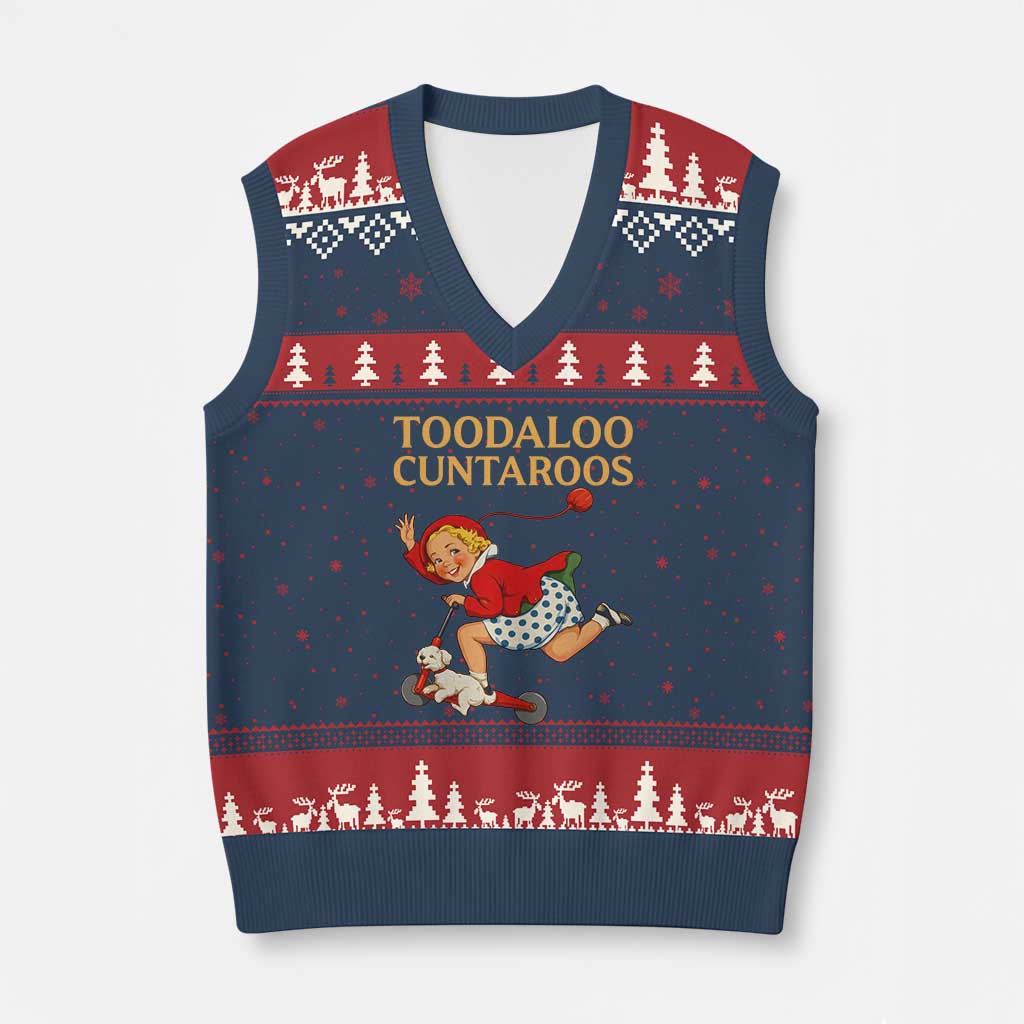Toodaloo Cuntaroos Funny Offensive Retro Goodbye V-Neck Knit Sweater Vest Vintage Scooter Girl Cartoon Edgy Adult Humor TS02 Navy Red Print Your Wear