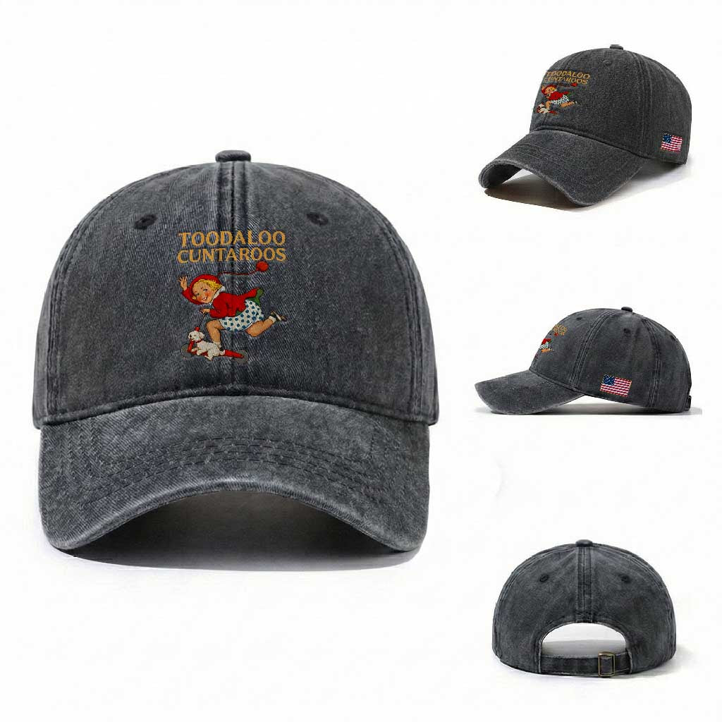 Toodaloo Cuntaroos Funny Offensive Retro Goodbye Washed Cotton Baseball Cap Vintage Scooter Girl Cartoon Edgy Adult Humor TS02 Washed Cap Universal Fit Dark Gray Print Your Wear
