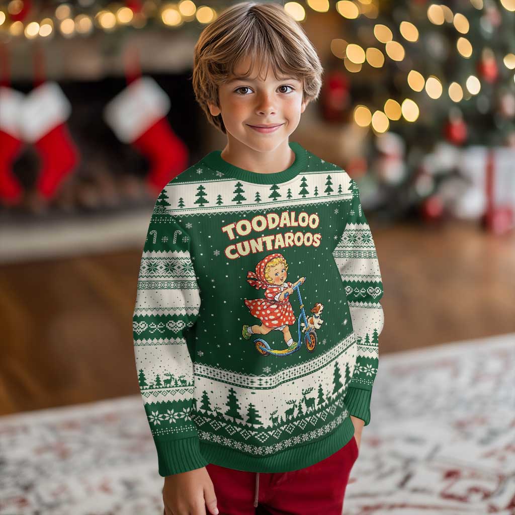 Toodaloo Cuntaroos Retro Scooter Girl Ugly Christmas Sweater Funny Offensive Retro Goodbye Meme Dark Humor TS02 Forest Green Beige Print Your Wear