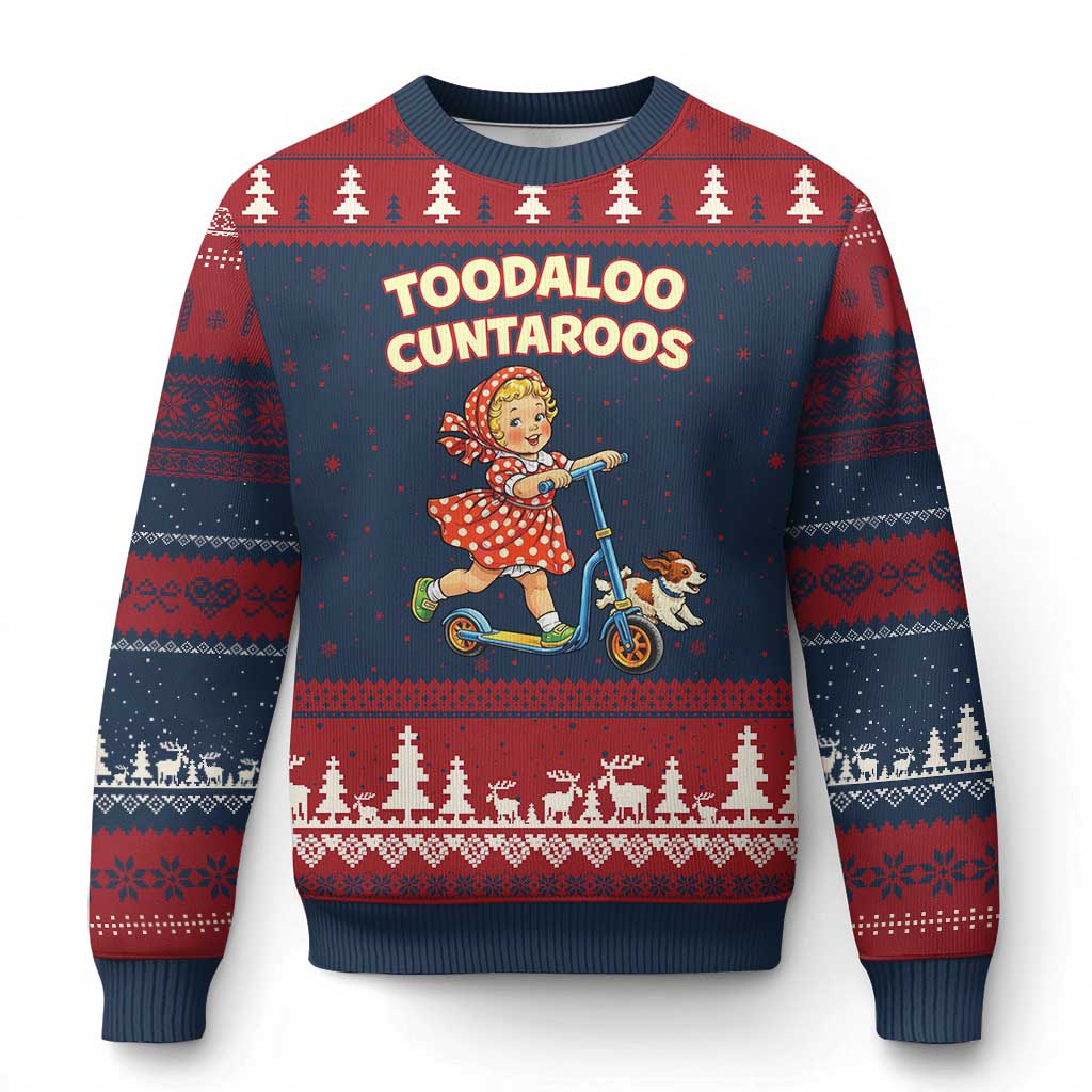 Toodaloo Cuntaroos Retro Scooter Girl Ugly Christmas Sweater Funny Offensive Retro Goodbye Meme Dark Humor TS02 Navy Red Print Your Wear