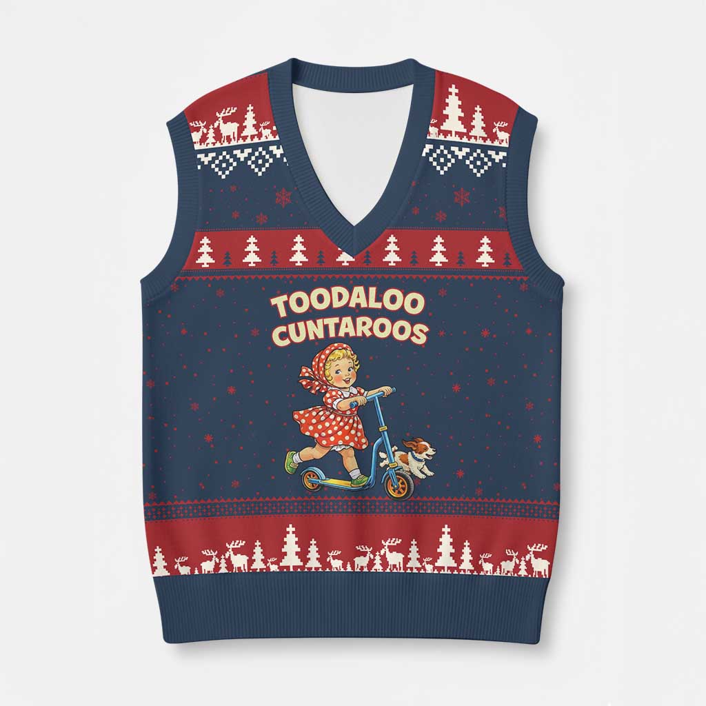 Toodaloo Cuntaroos Retro Scooter Girl V-Neck Knit Sweater Vest Funny Offensive Retro Goodbye Meme Dark Humor TS02 Navy Red Print Your Wear