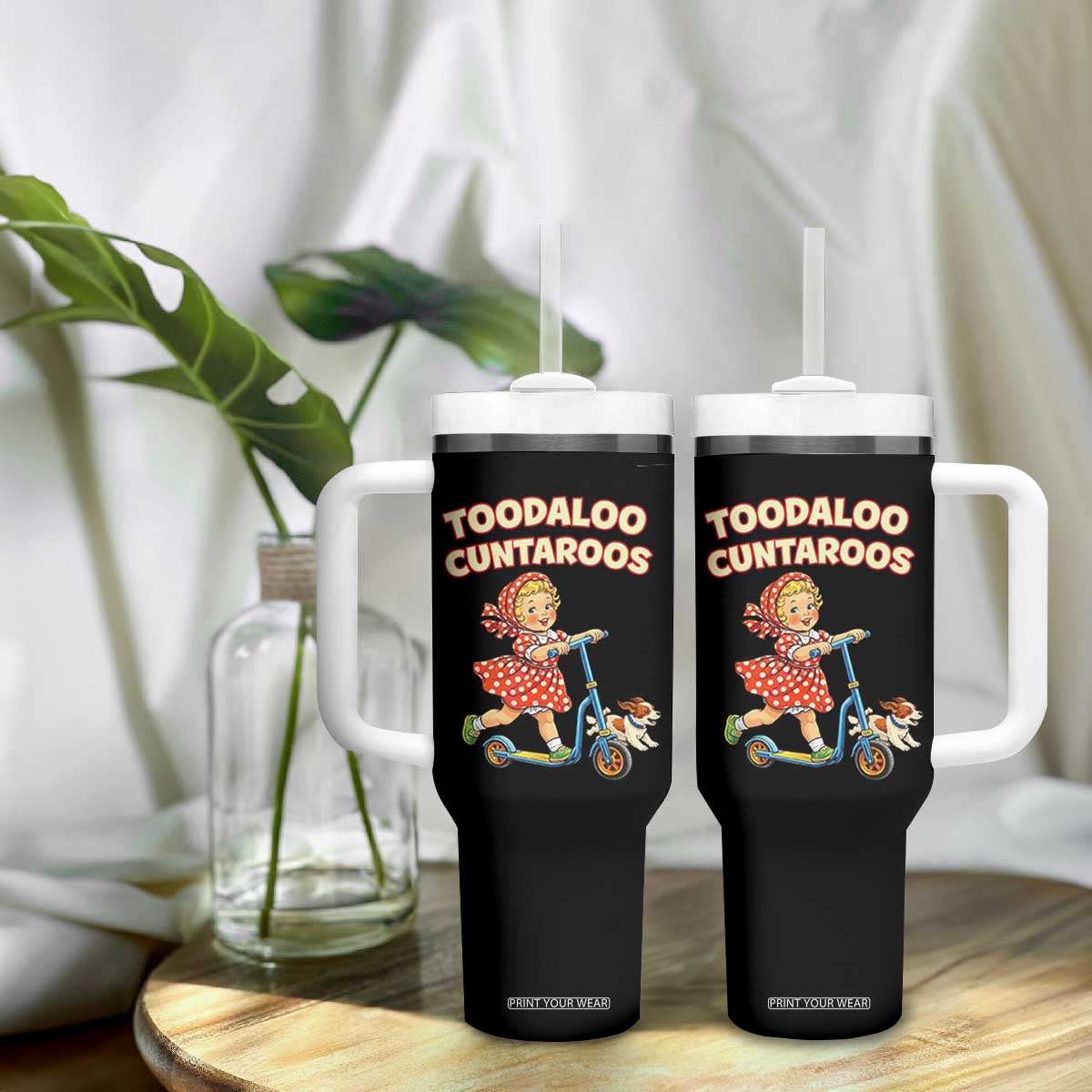 Toodaloo Cuntaroos Retro Scooter Girl Tumbler With Handle Funny Offensive Retro Goodbye Meme Dark Humor TS02 Print Your Wear