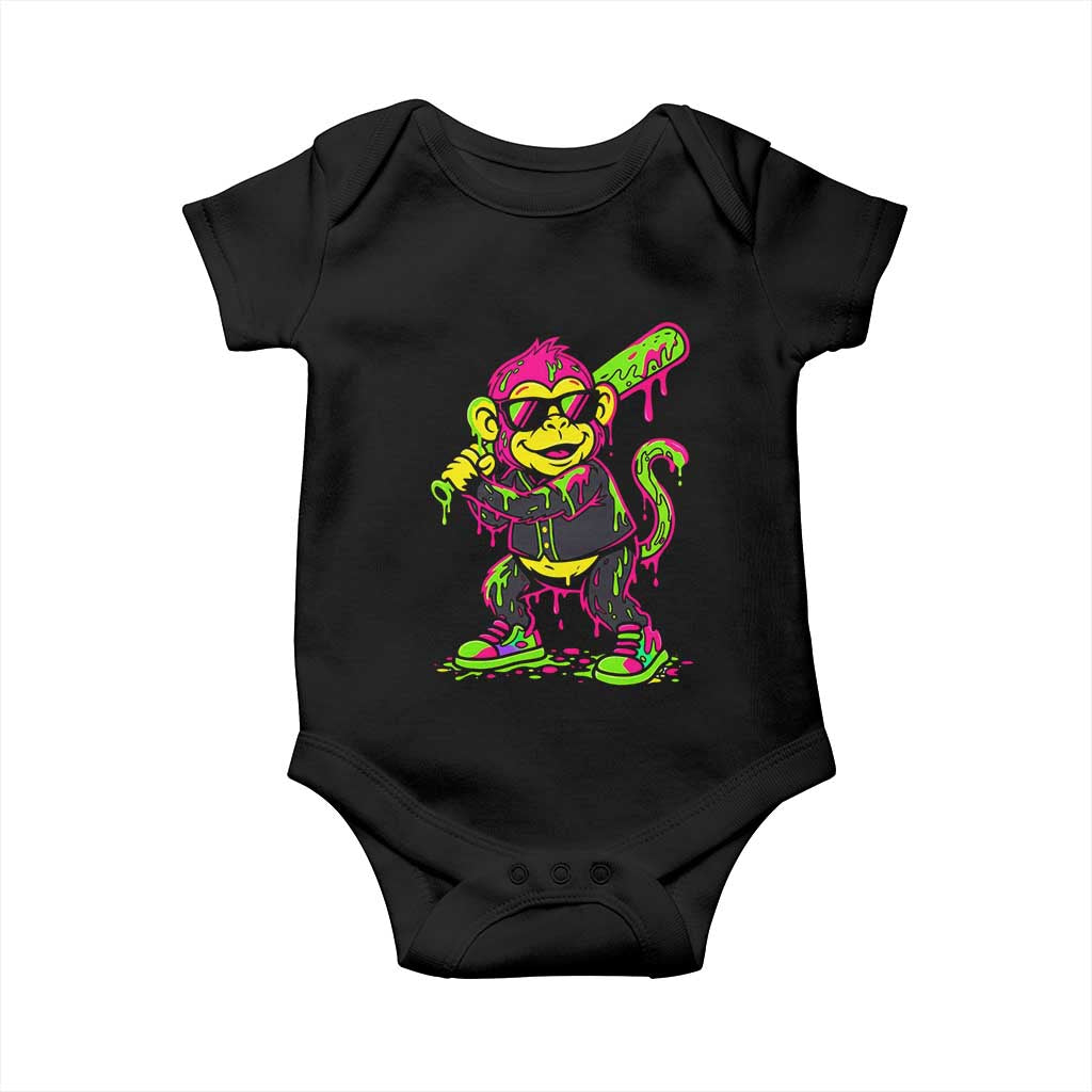 Neon Dripping Monkey Baseball Graphic Baby Onesie Ball Party Game Day Vibes TS02 Black Print Your Wear