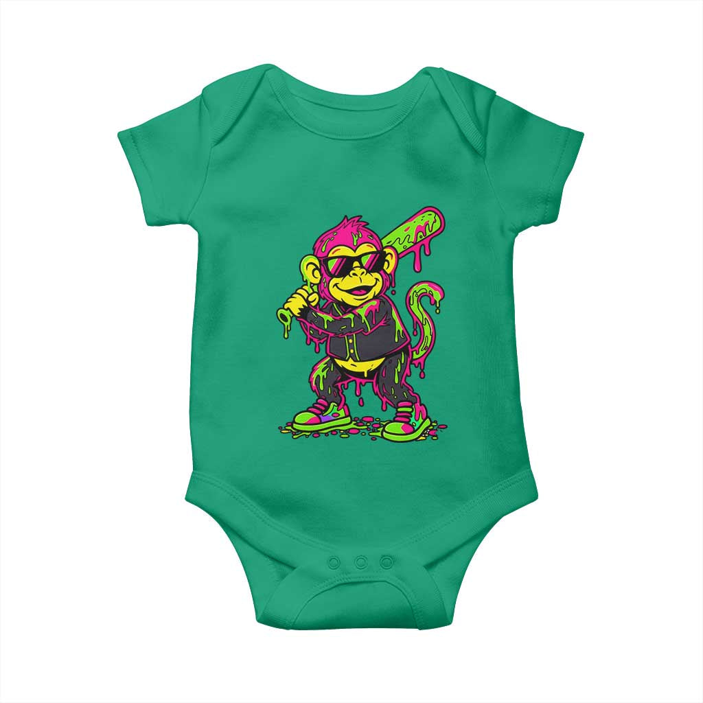 Neon Dripping Monkey Baseball Graphic Baby Onesie Ball Party Game Day Vibes TS02 Irish Green Print Your Wear