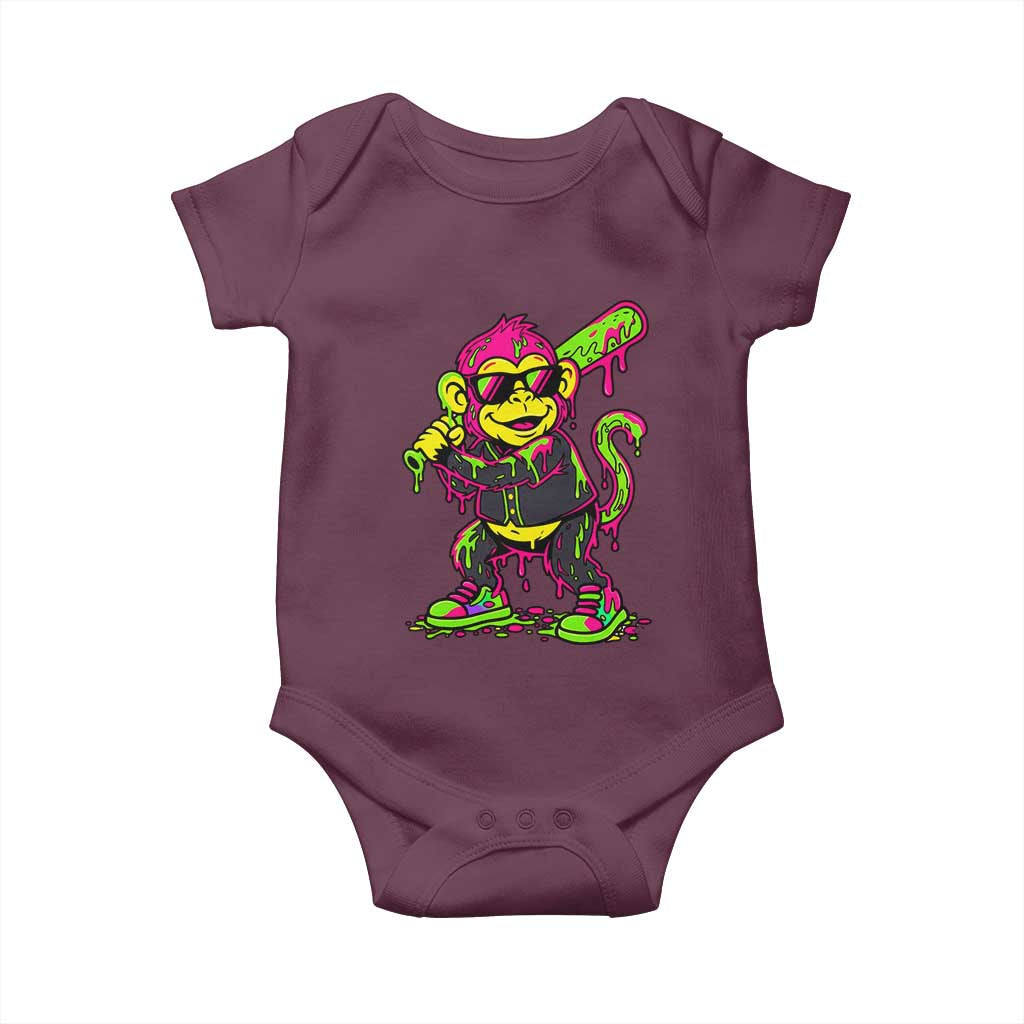 Neon Dripping Monkey Baseball Graphic Baby Onesie Ball Party Game Day Vibes TS02 Maroon Print Your Wear