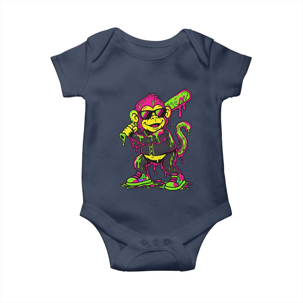 Neon Dripping Monkey Baseball Graphic Baby Onesie Ball Party Game Day Vibes TS02 Navy Print Your Wear