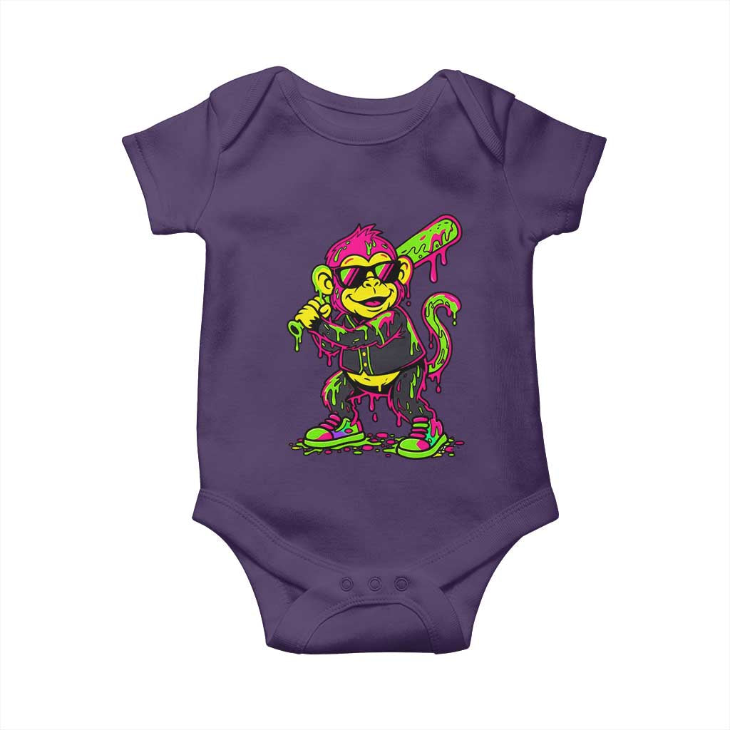 Neon Dripping Monkey Baseball Graphic Baby Onesie Ball Party Game Day Vibes TS02 Purple Print Your Wear