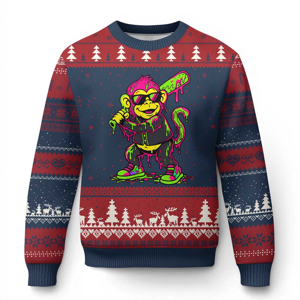 Neon Dripping Monkey Baseball Graphic Ugly Christmas Sweater Ball Party Game Day Vibes TS02 Navy Red Print Your Wear
