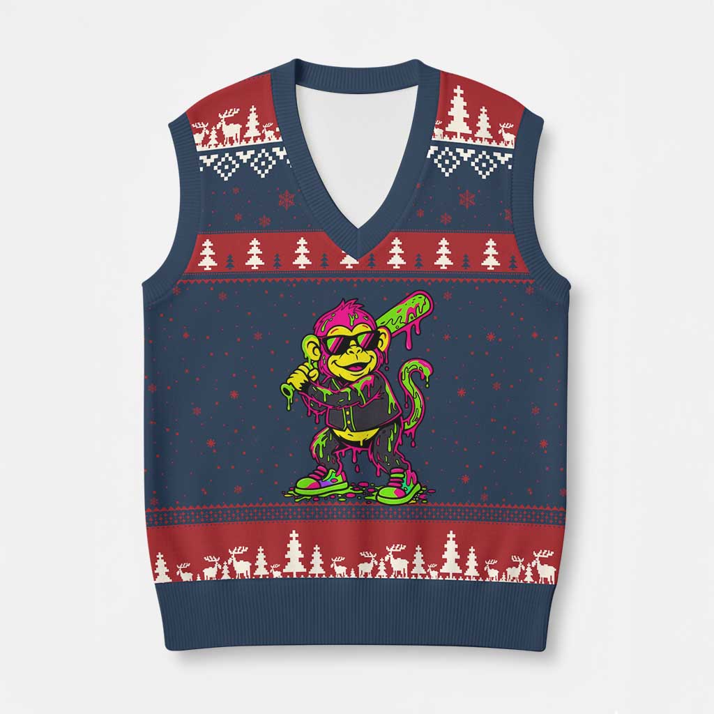 Neon Dripping Monkey Baseball Graphic V-Neck Knit Sweater Vest Ball Party Game Day Vibes TS02 Navy Red Print Your Wear