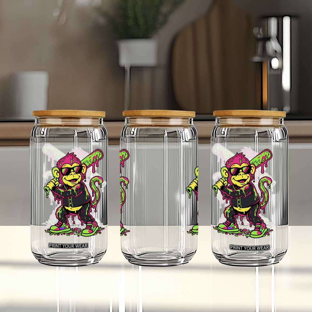 Neon Dripping Monkey Baseball Graphic Glass Can Ball Party Game Day Vibes TS02 Print Your Wear
