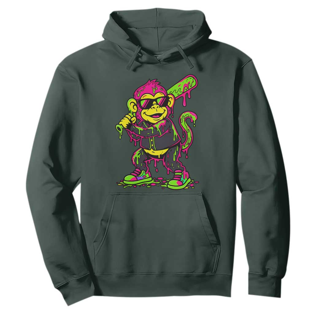 Neon Dripping Monkey Baseball Graphic Hoodie Ball Party Game Day Vibes TS02 Dark Forest Green Print Your Wear