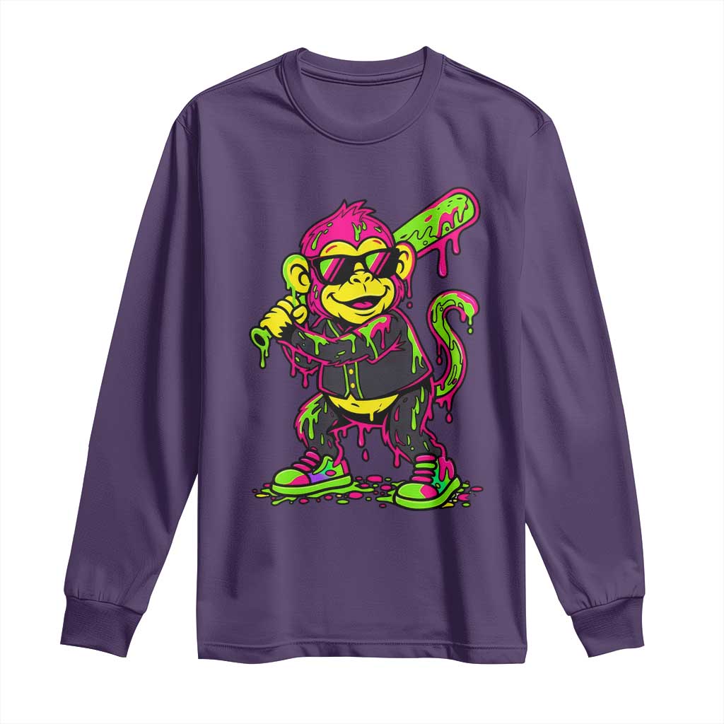 Neon Dripping Monkey Baseball Graphic Long Sleeve Shirt Ball Party Game Day Vibes TS02 Purple Print Your Wear