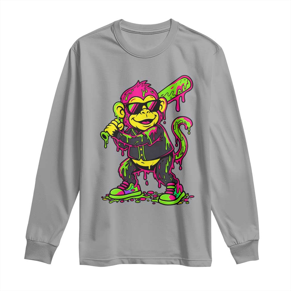 Neon Dripping Monkey Baseball Graphic Long Sleeve Shirt Ball Party Game Day Vibes TS02 Sport Gray Print Your Wear