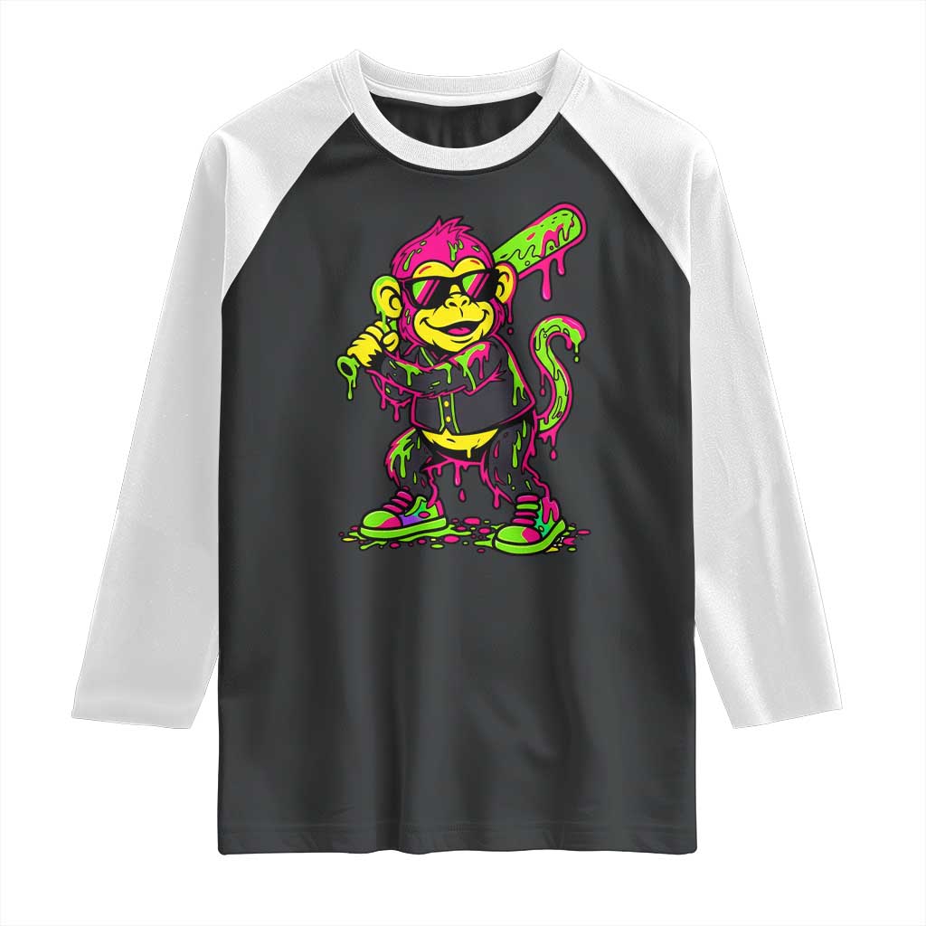 Neon Dripping Monkey Baseball Graphic Raglan Shirt Ball Party Game Day Vibes TS02 Black White Print Your Wear