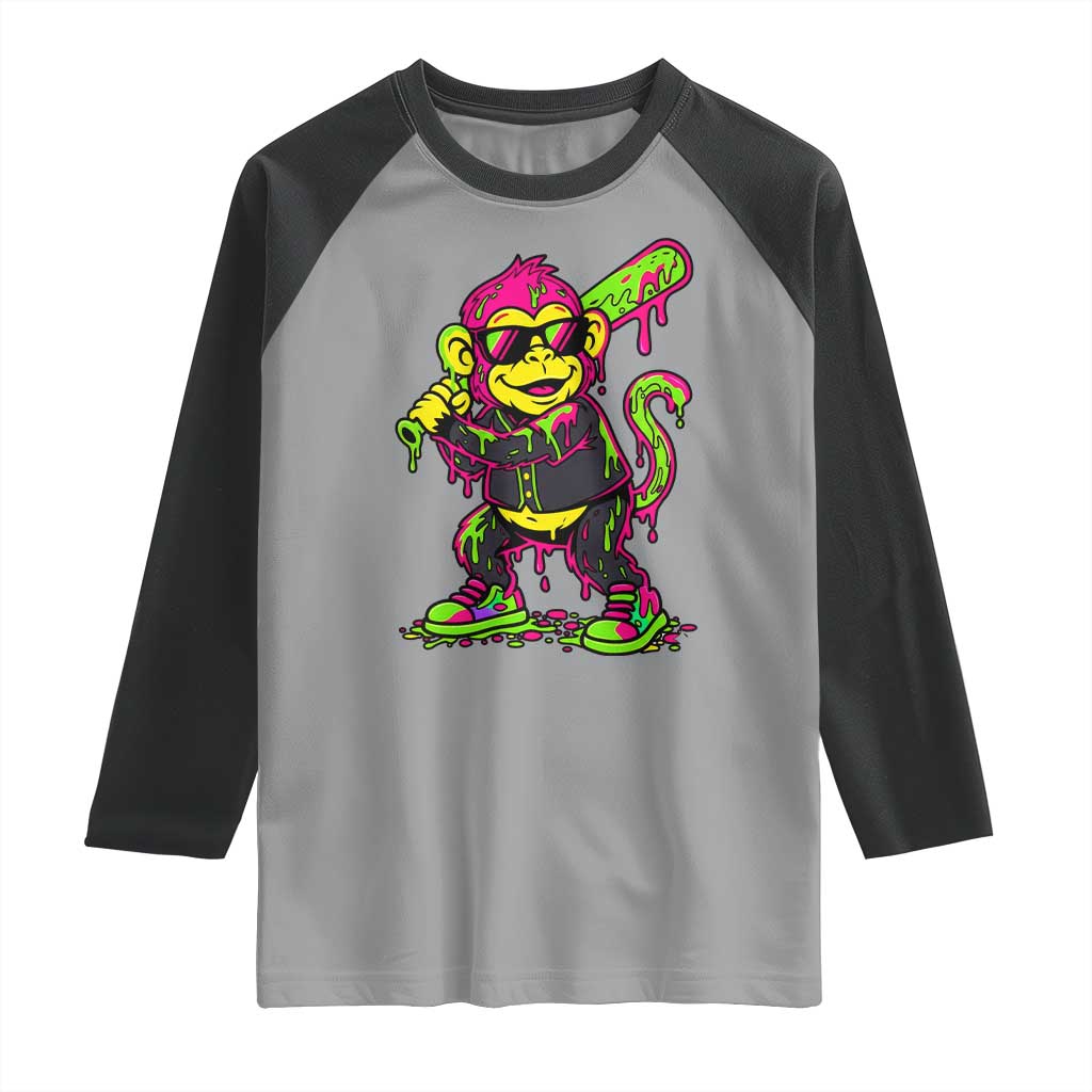 Neon Dripping Monkey Baseball Graphic Raglan Shirt Ball Party Game Day Vibes TS02 Sport Gray Black Print Your Wear