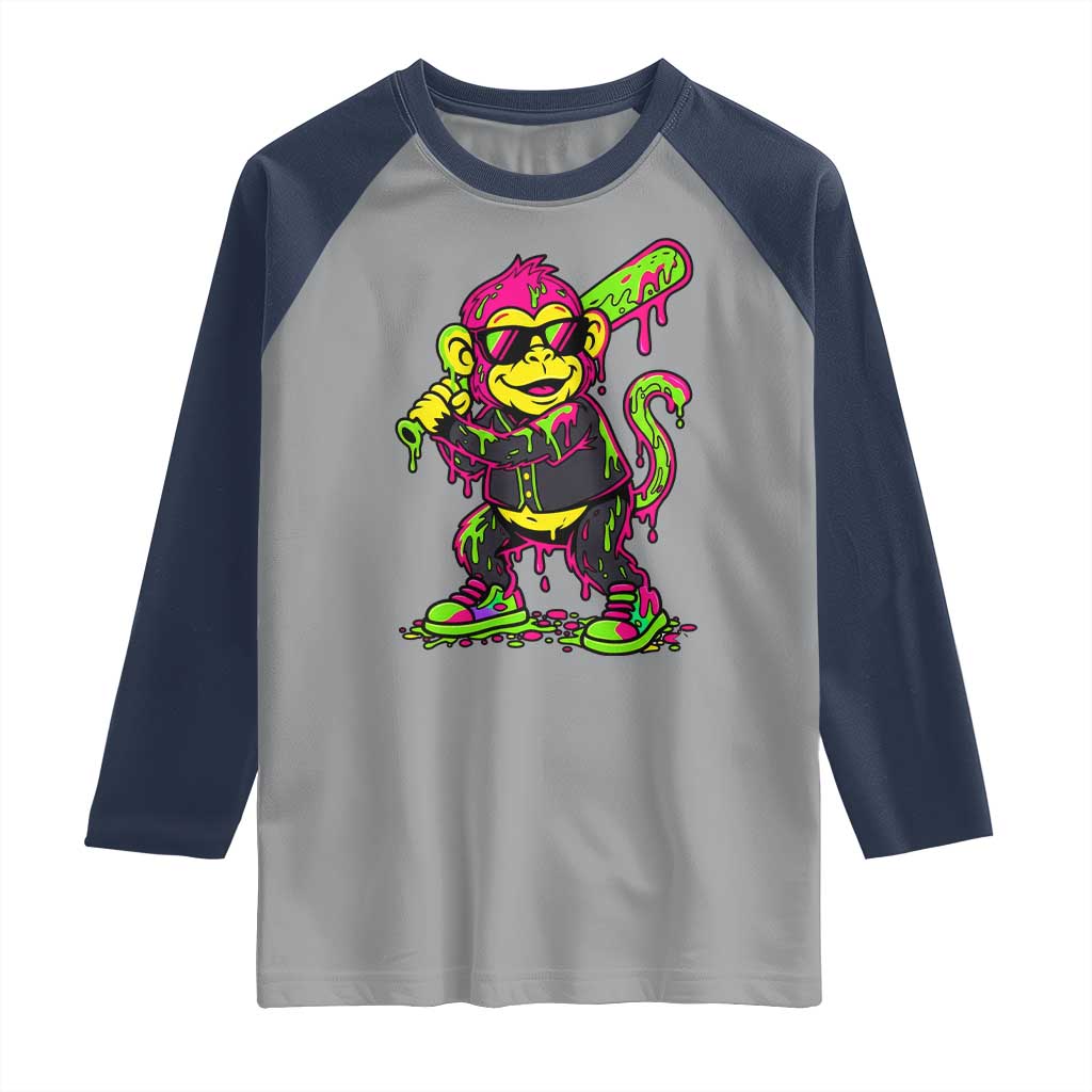 Neon Dripping Monkey Baseball Graphic Raglan Shirt Ball Party Game Day Vibes TS02 Sport Gray Navy Print Your Wear