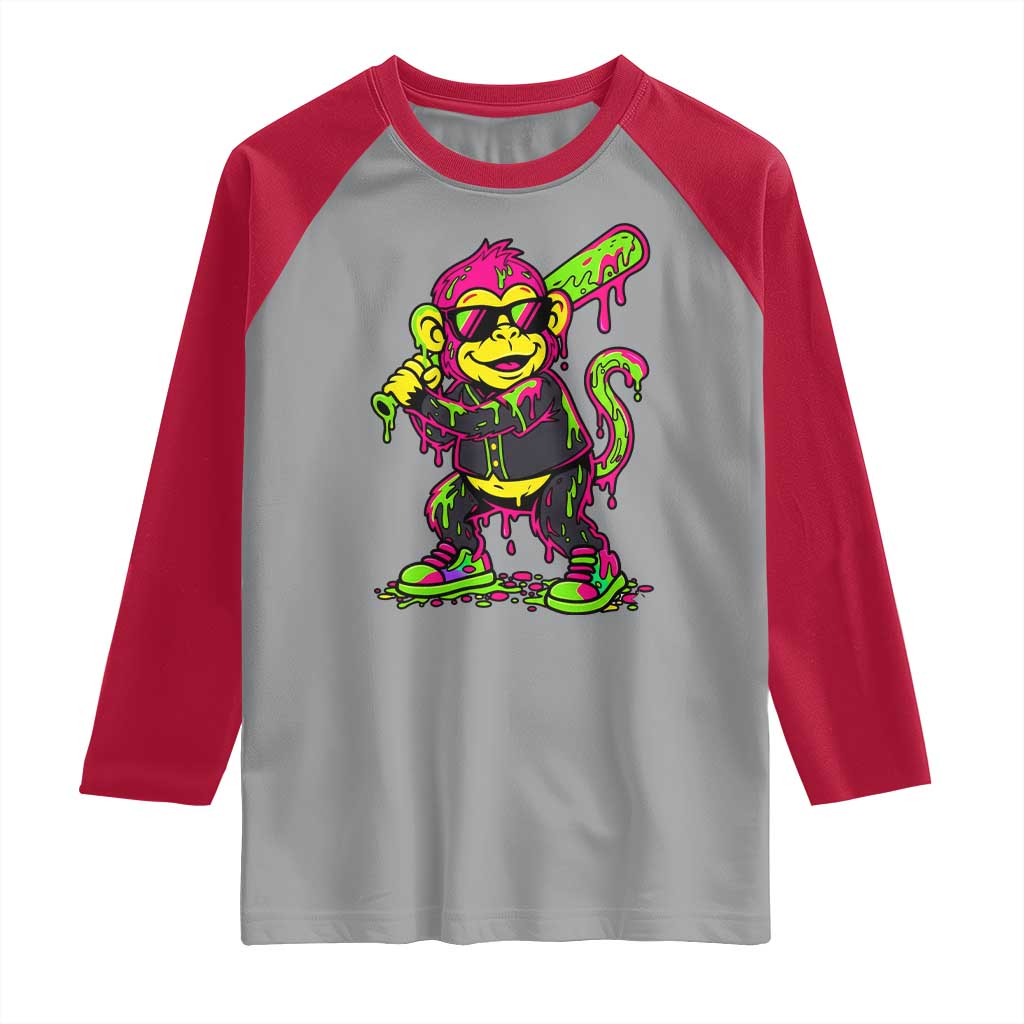 Neon Dripping Monkey Baseball Graphic Raglan Shirt Ball Party Game Day Vibes TS02 Sport Gray Red Print Your Wear