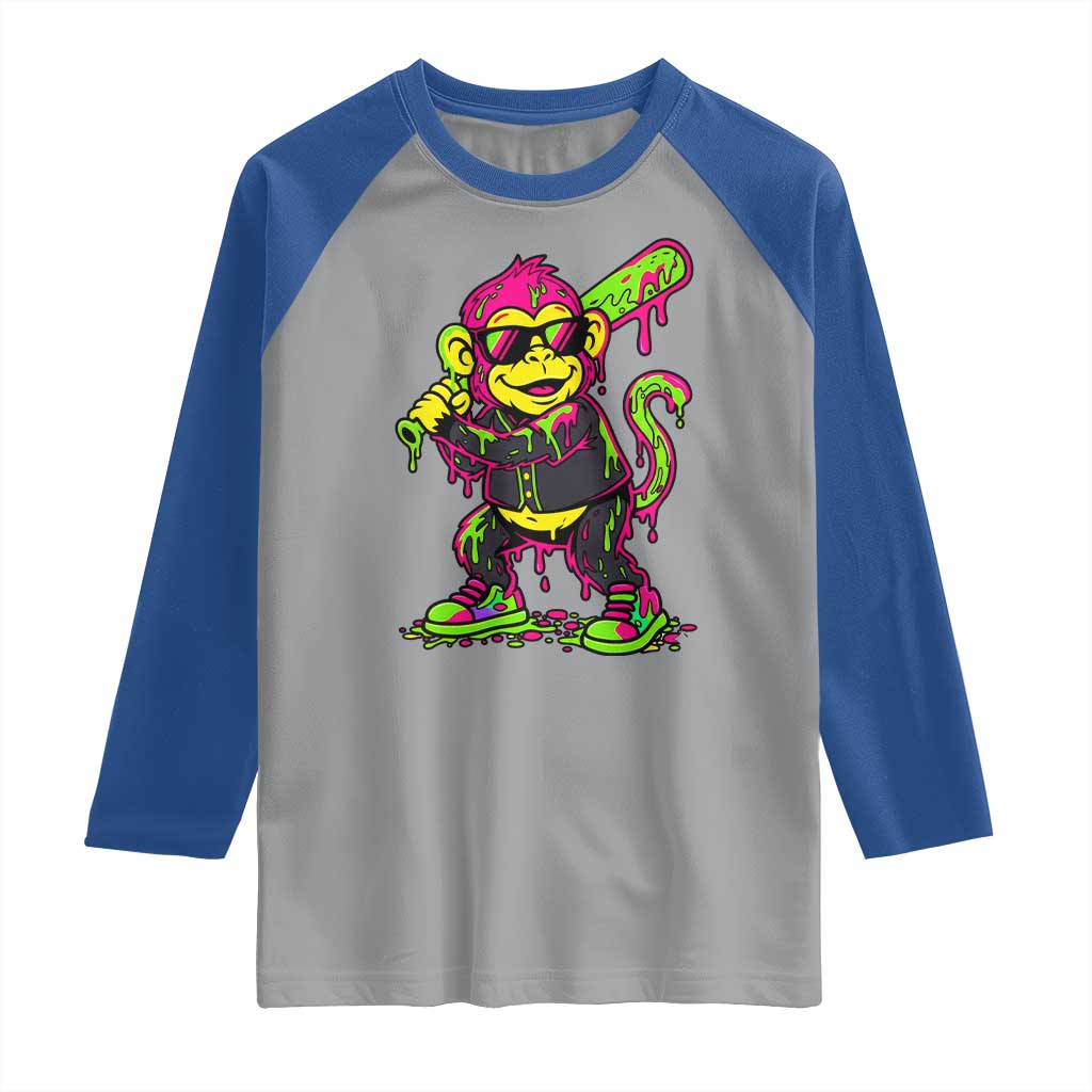 Neon Dripping Monkey Baseball Graphic Raglan Shirt Ball Party Game Day Vibes TS02 Sport Gray Royal Print Your Wear