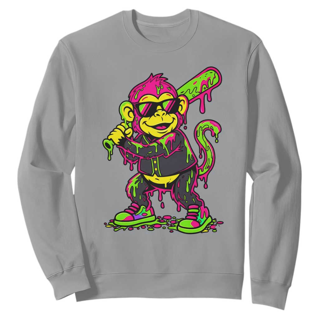 Neon Dripping Monkey Baseball Graphic Sweatshirt Ball Party Game Day Vibes TS02 Sport Gray Print Your Wear