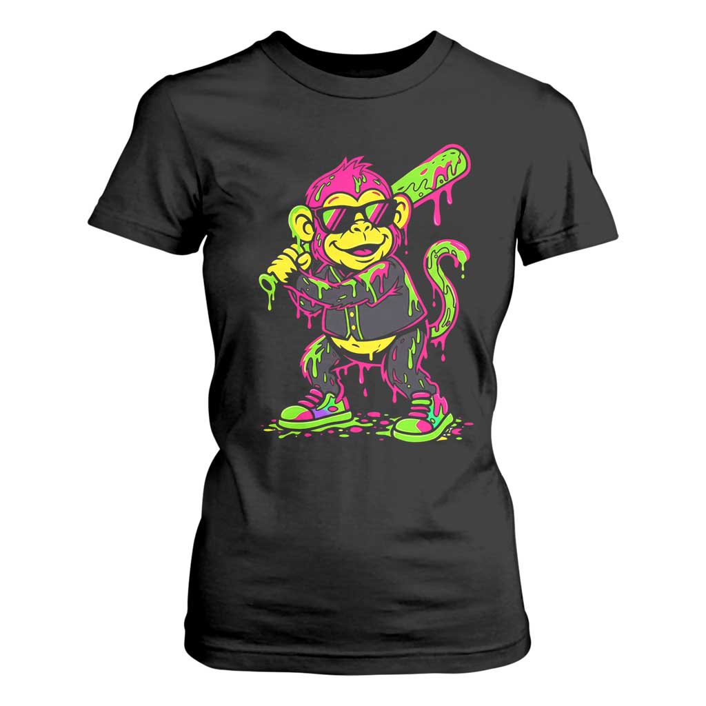 Neon Dripping Monkey Baseball Graphic T Shirt For Women Ball Party Game Day Vibes TS02 Black Print Your Wear