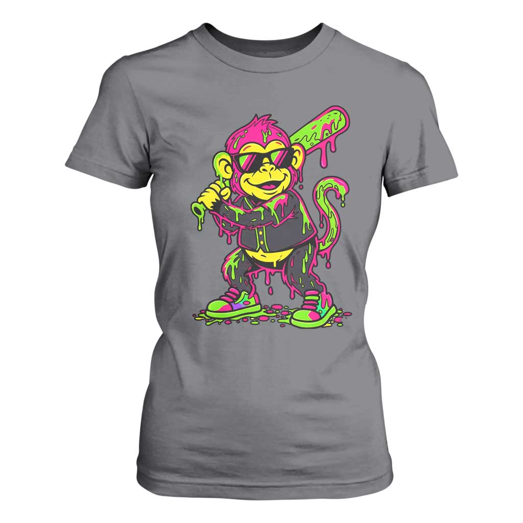 Neon Dripping Monkey Baseball Graphic T Shirt For Women Ball Party Game Day Vibes TS02 Charcoal Print Your Wear