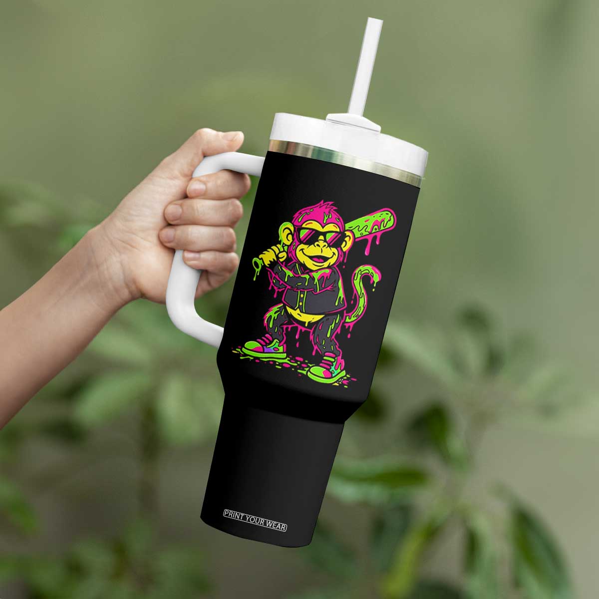 Neon Dripping Monkey Baseball Graphic Tumbler With Handle Ball Party Game Day Vibes TS02 Print Your Wear