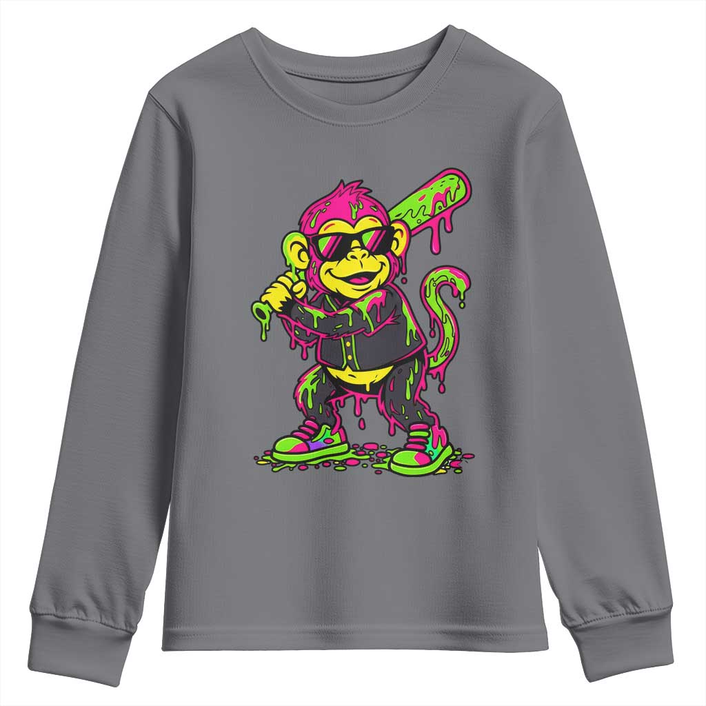 Neon Dripping Monkey Baseball Graphic Youth Sweatshirt Ball Party Game Day Vibes TS02 Charcoal Print Your Wear