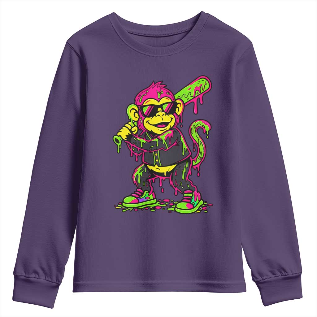 Neon Dripping Monkey Baseball Graphic Youth Sweatshirt Ball Party Game Day Vibes TS02 Purple Print Your Wear