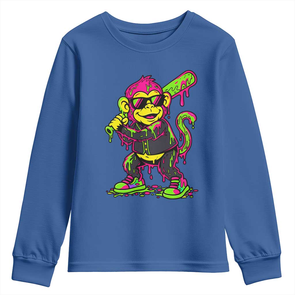 Neon Dripping Monkey Baseball Graphic Youth Sweatshirt Ball Party Game Day Vibes TS02 Royal Blue Print Your Wear