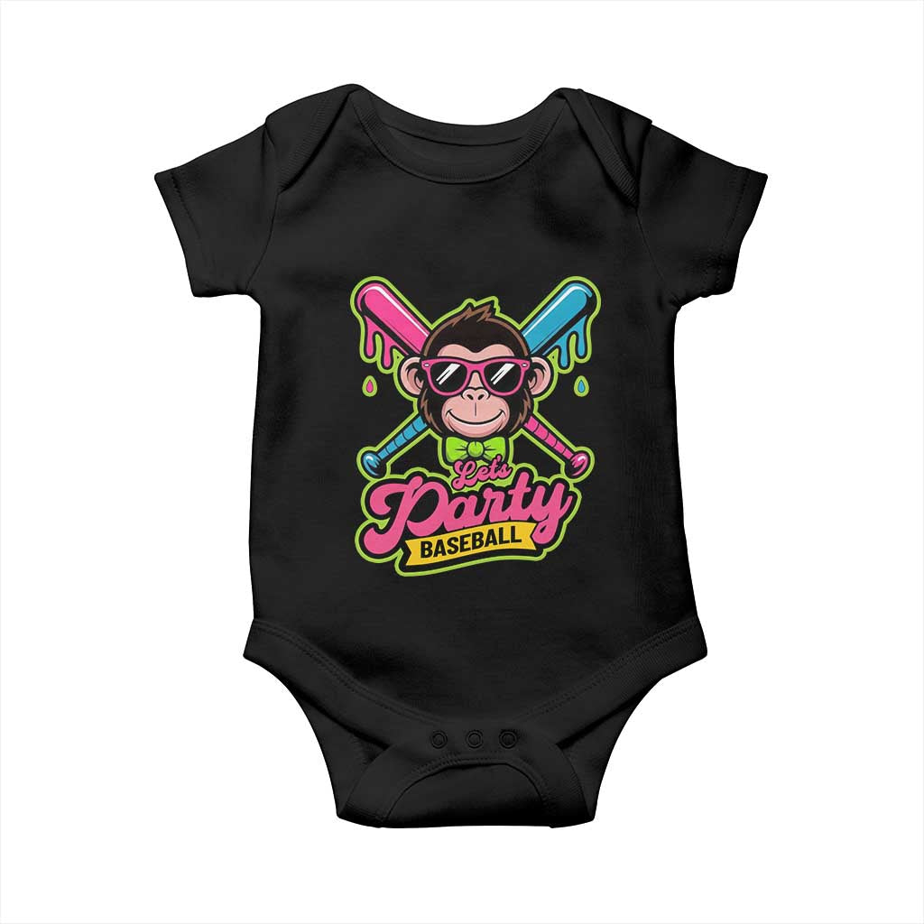 Lets Party Baseball Monkey Game Day Baby Onesie Neon Dripping Bats Funny Baseball Fan Party Ball TS02 Black Print Your Wear