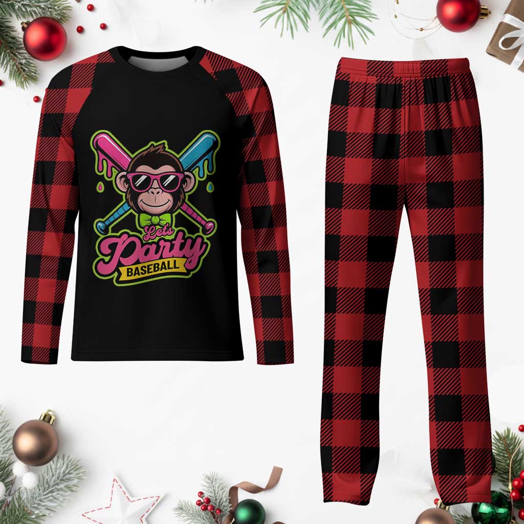 Lets Party Baseball Monkey Game Day Plaid Pajama Set Neon Dripping Bats Funny Baseball Fan Party Ball TS02 Buffalo Plaid Print Your Wear
