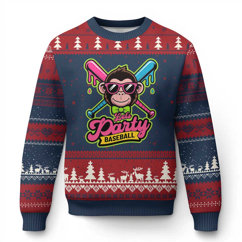 Lets Party Baseball Monkey Game Day Ugly Christmas Sweater Neon Dripping Bats Funny Baseball Fan Party Ball TS02 Navy Red Print Your Wear