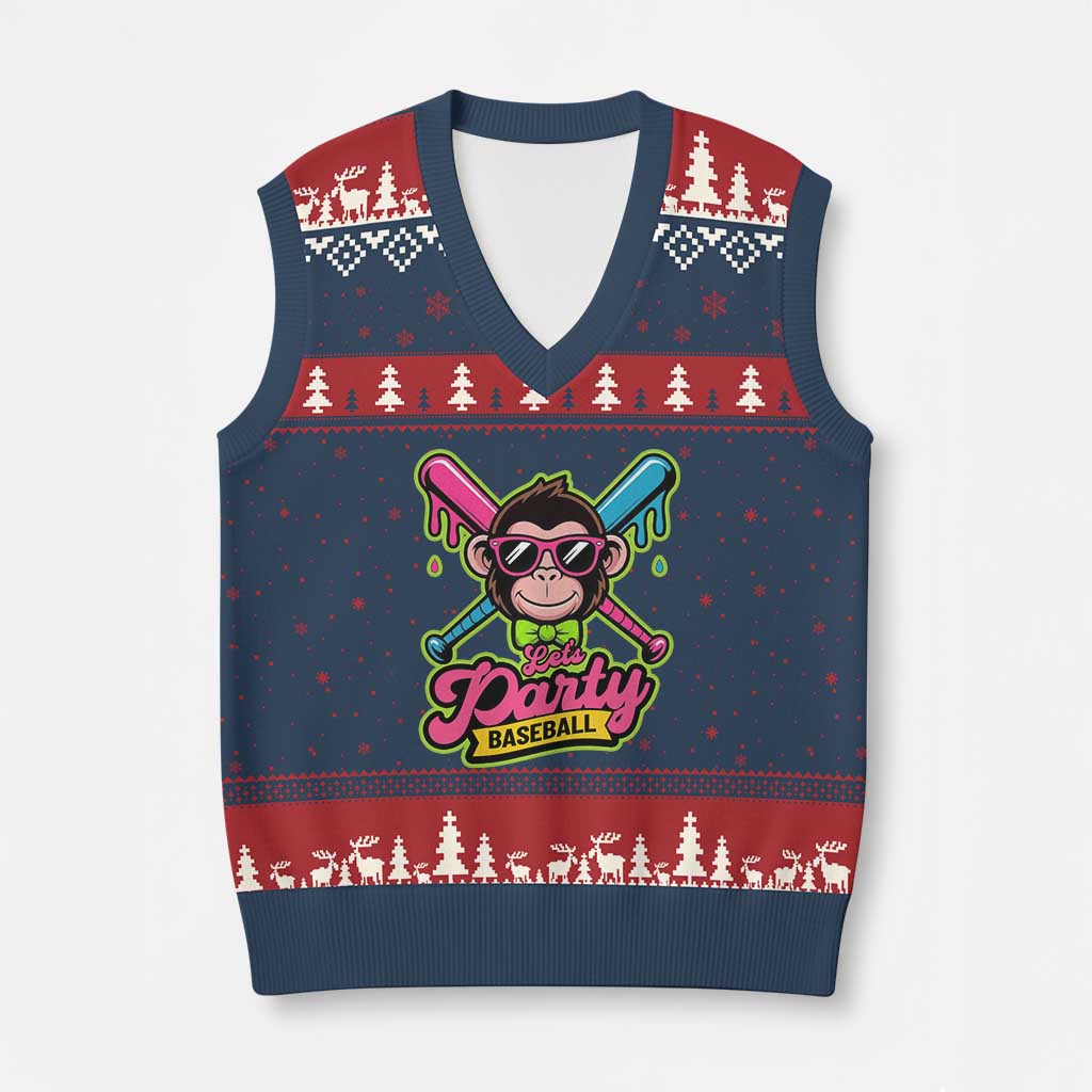 Lets Party Baseball Monkey Game Day V-Neck Knit Sweater Vest Neon Dripping Bats Funny Baseball Fan Party Ball TS02 Navy Red Print Your Wear