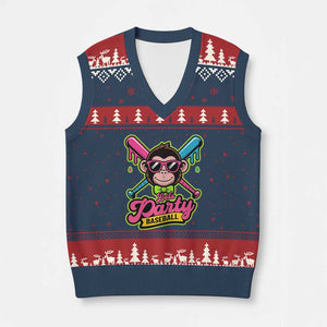 Lets Party Baseball Monkey Game Day V-Neck Knit Sweater Vest Neon Dripping Bats Funny Baseball Fan Party Ball TS02 Navy Red Print Your Wear