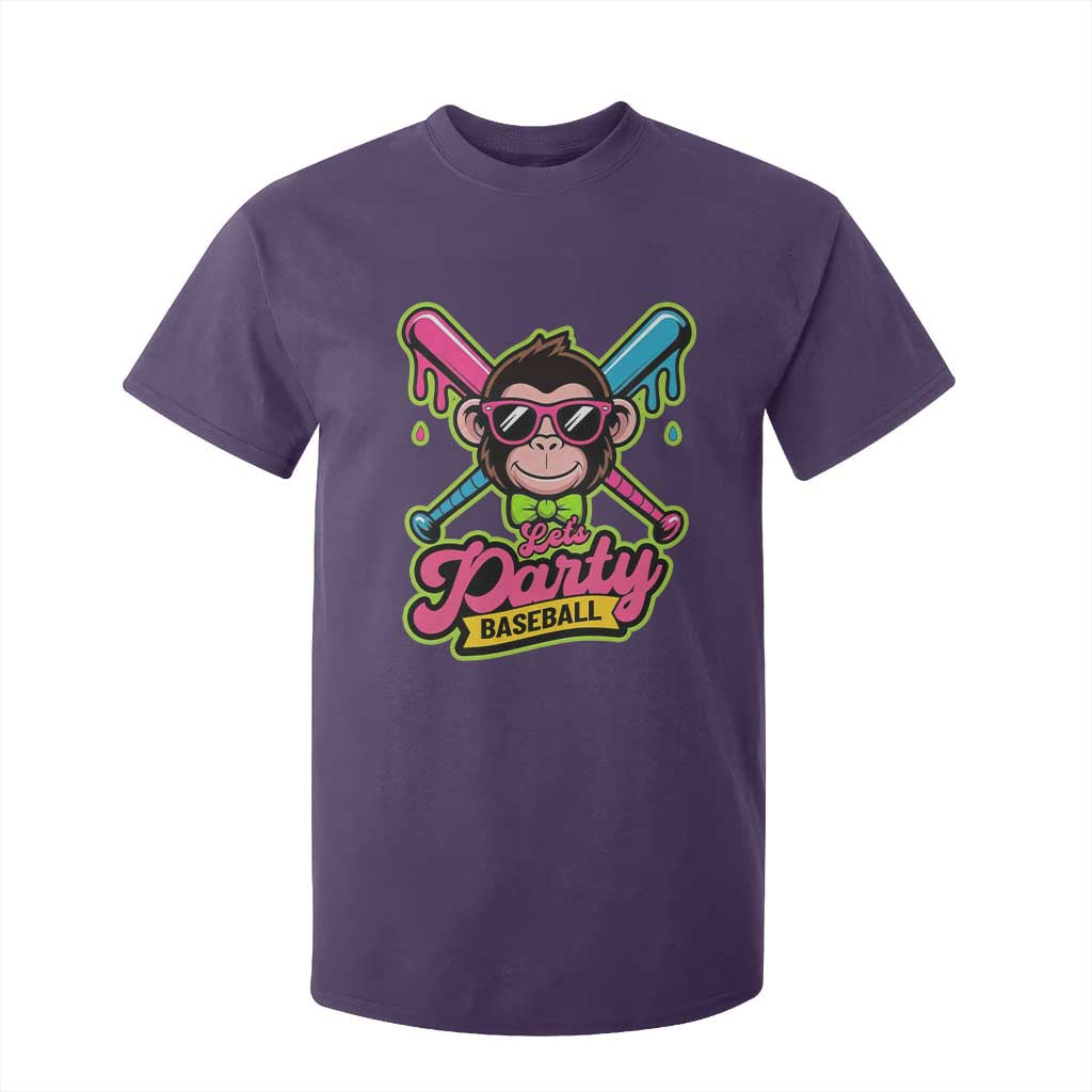 Lets Party Baseball Monkey Game Day T Shirt For Kid Neon Dripping Bats Funny Baseball Fan Party Ball TS02 Purple Print Your Wear