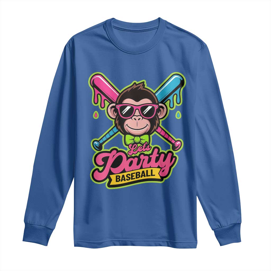 Lets Party Baseball Monkey Game Day Long Sleeve Shirt Neon Dripping Bats Funny Baseball Fan Party Ball TS02 Royal Blue Print Your Wear