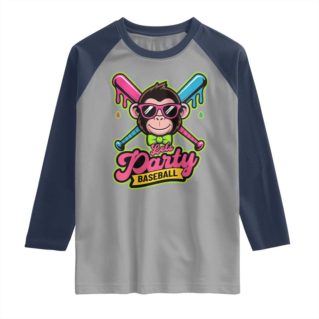 Lets Party Baseball Monkey Game Day Raglan Shirt Neon Dripping Bats Funny Baseball Fan Party Ball TS02 Sport Gray Navy Print Your Wear