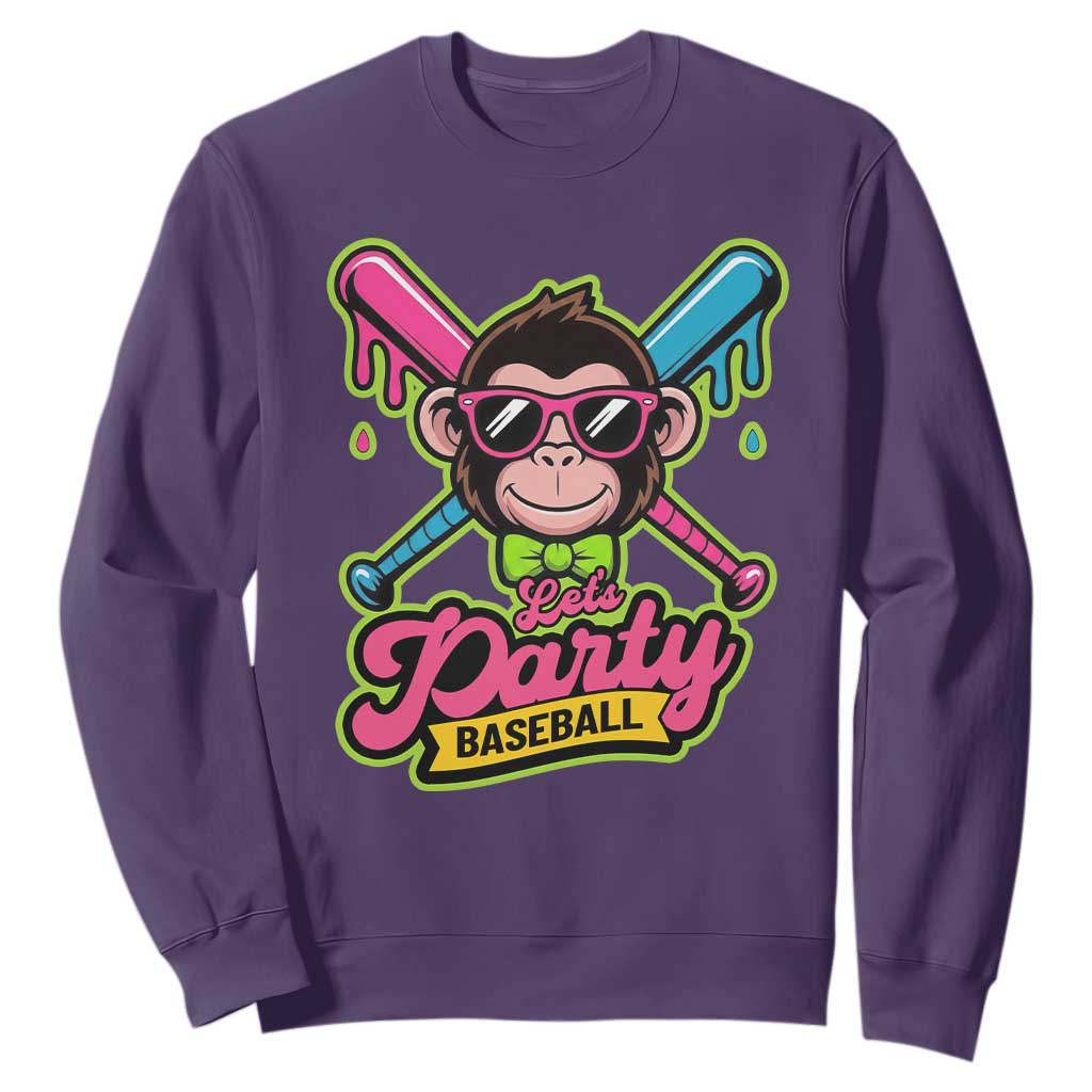 Lets Party Baseball Monkey Game Day Sweatshirt Neon Dripping Bats Funny Baseball Fan Party Ball TS02 Purple Print Your Wear