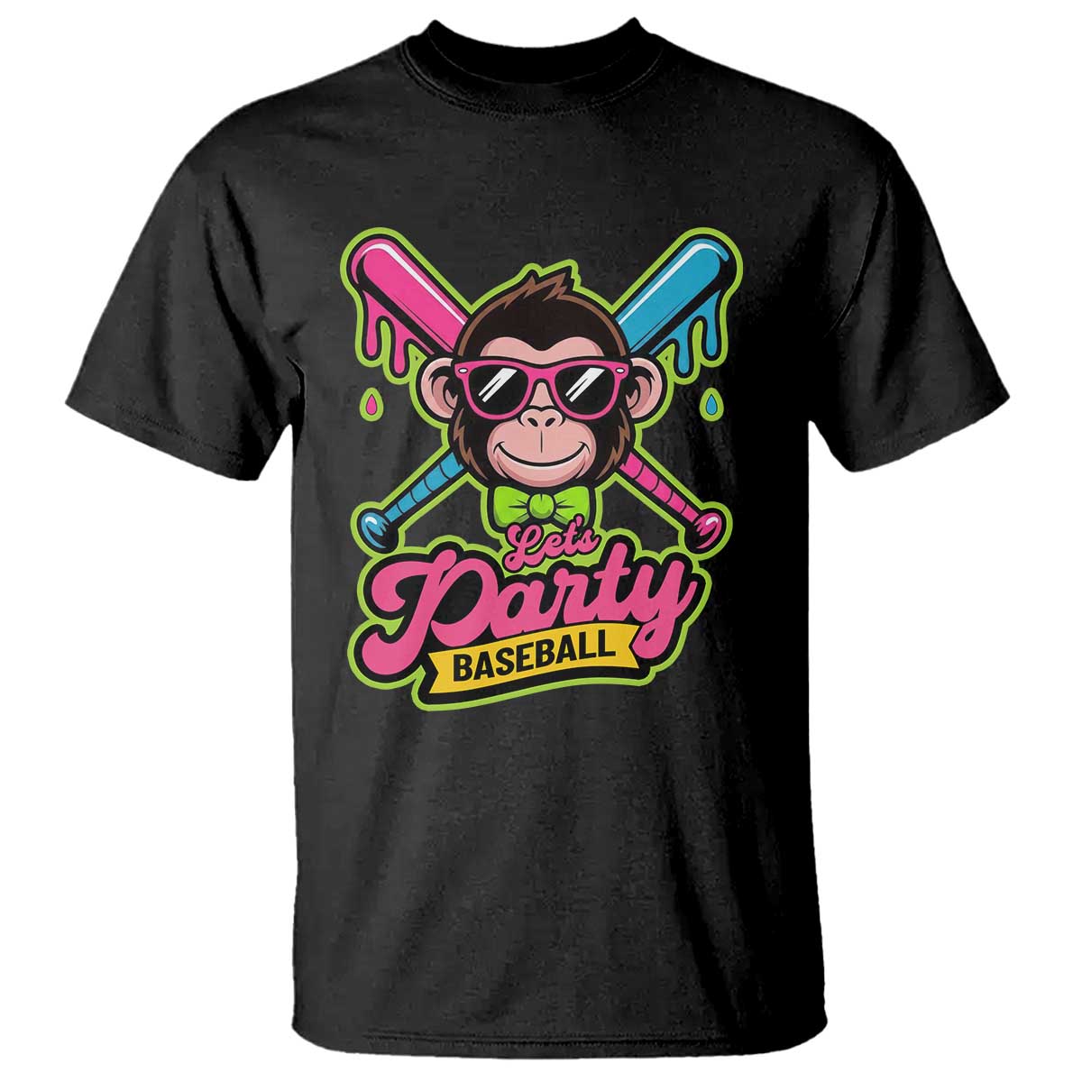 Lets Party Baseball Monkey Game Day T Shirt Neon Dripping Bats Funny Baseball Fan Party Ball TS02 Black Print Your Wear