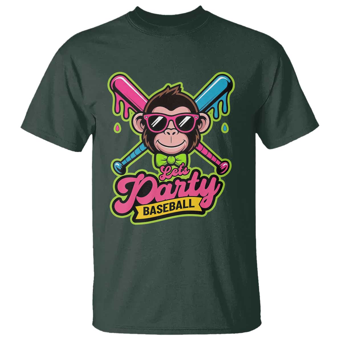 Lets Party Baseball Monkey Game Day T Shirt Neon Dripping Bats Funny Baseball Fan Party Ball TS02 Dark Forest Green Print Your Wear