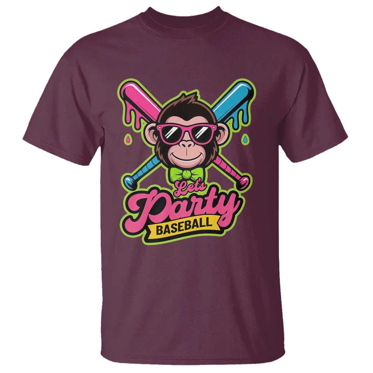 Lets Party Baseball Monkey Game Day T Shirt Neon Dripping Bats Funny Baseball Fan Party Ball TS02 Maroon Print Your Wear